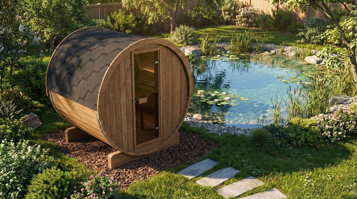 SaunaLife E6 Ergo Series 3-Person Outdoor Barrel Sauna Kit, installed view 7