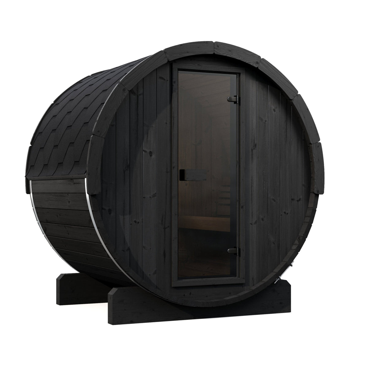 SaunaLife E6 Ergo Series 3-Person Outdoor Barrel Sauna Kit, black finish, three quarter view