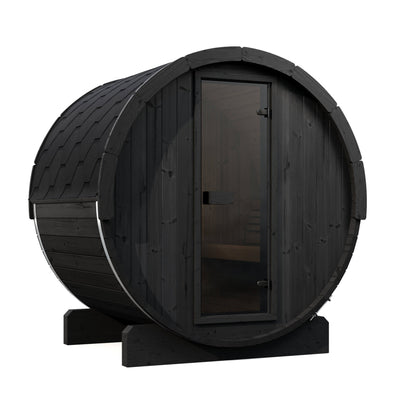 SaunaLife E6 Ergo Series 3-Person Outdoor Barrel Sauna Kit, black finish, three quarter view
