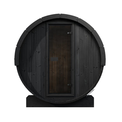 SaunaLife E6 Ergo Series 3-Person Outdoor Barrel Sauna Kit, black finish, front elevation