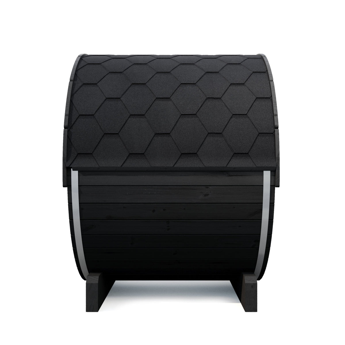 SaunaLife E6 Ergo Series 3-Person Outdoor Barrel Sauna Kit, black finish, rear three quarter, showing the shingled roof