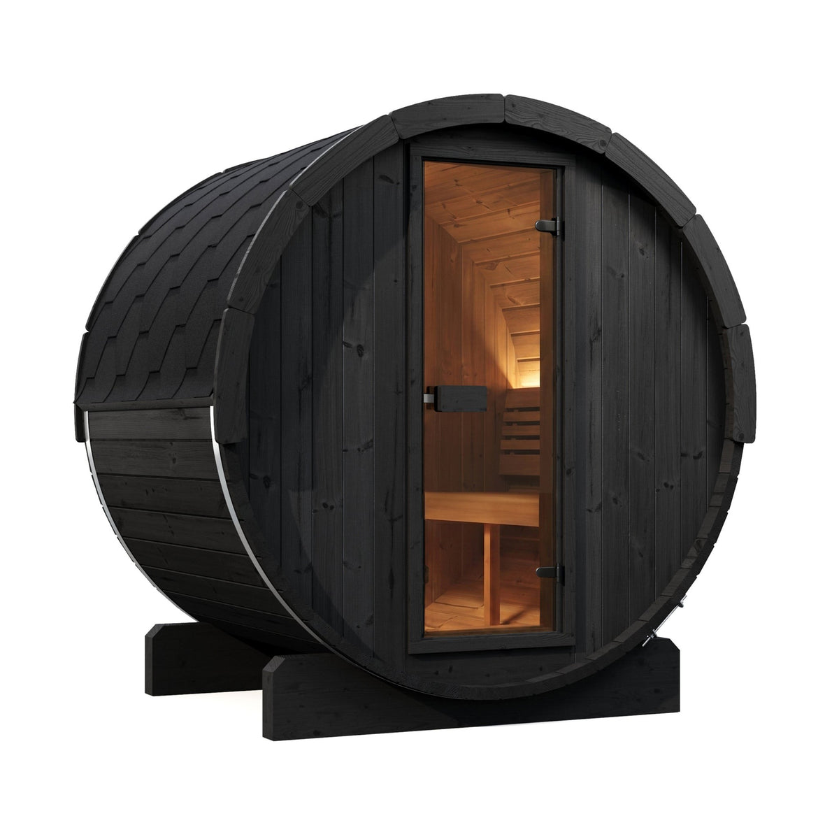 SaunaLife E6 Ergo Series 3-Person Outdoor Barrel Sauna Kit, black finish, with the interior lit
