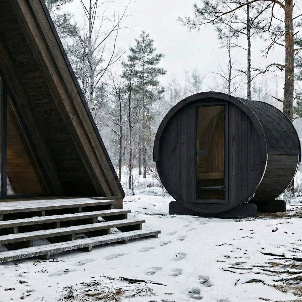 SaunaLife E6 Ergo Series 3-Person Outdoor Barrel Sauna Kit, black finish, in snow beside a cabin