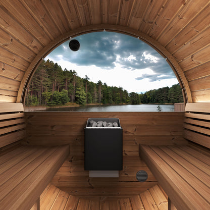 SaunaLife E6W Ergo Series 3-Person Outdoor Barrel Sauna Kit, Rear Window, installed view 5