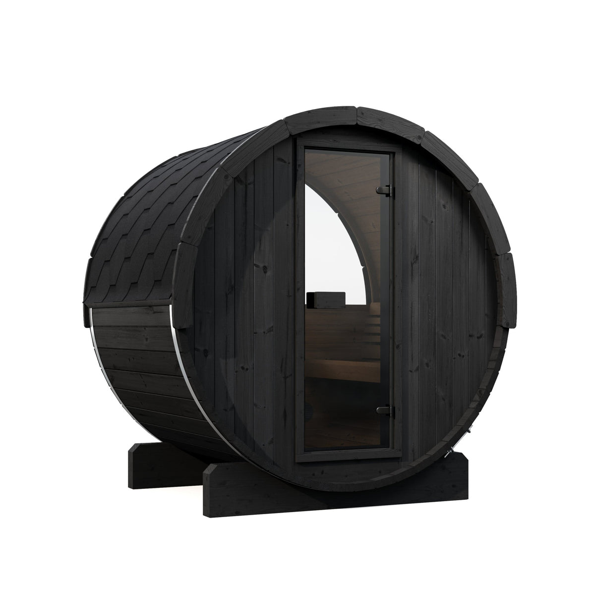 SaunaLife E6W Ergo Series 3-Person Outdoor Barrel Sauna Kit, Rear Window, black finish, three quarter view