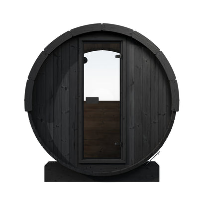 SaunaLife E6W Ergo Series 3-Person Outdoor Barrel Sauna Kit, Rear Window, black finish, front elevation