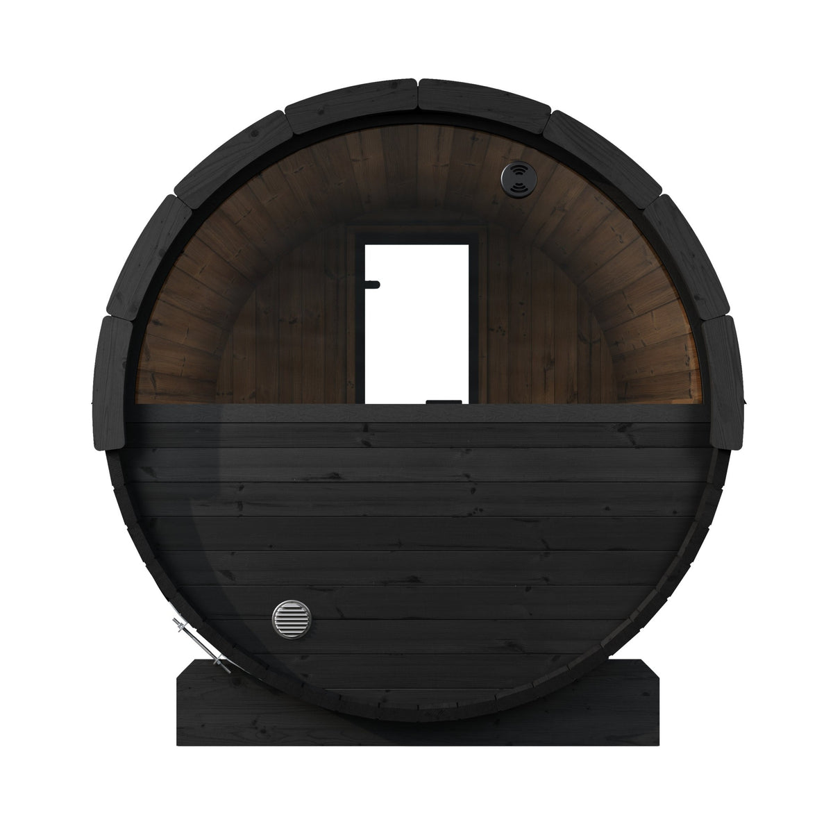 SaunaLife E6W Ergo Series 3-Person Outdoor Barrel Sauna Kit, Rear Window, black finish, rear elevation, showing the window