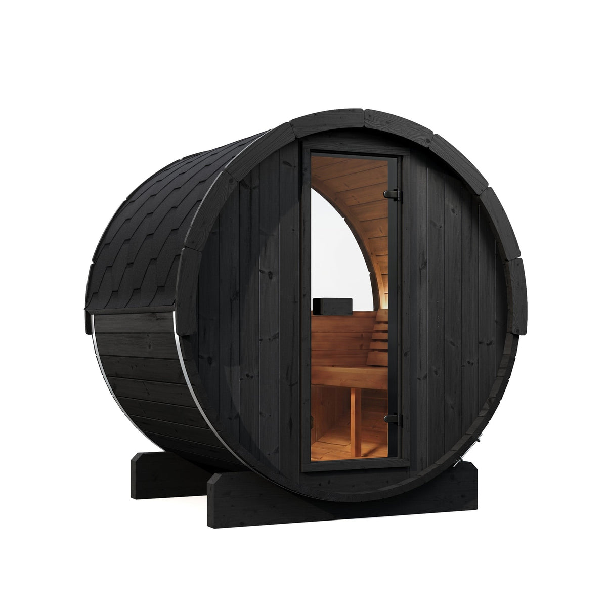 SaunaLife E6W Ergo Series 3-Person Outdoor Barrel Sauna Kit, Rear Window, black finish, with the interior lit