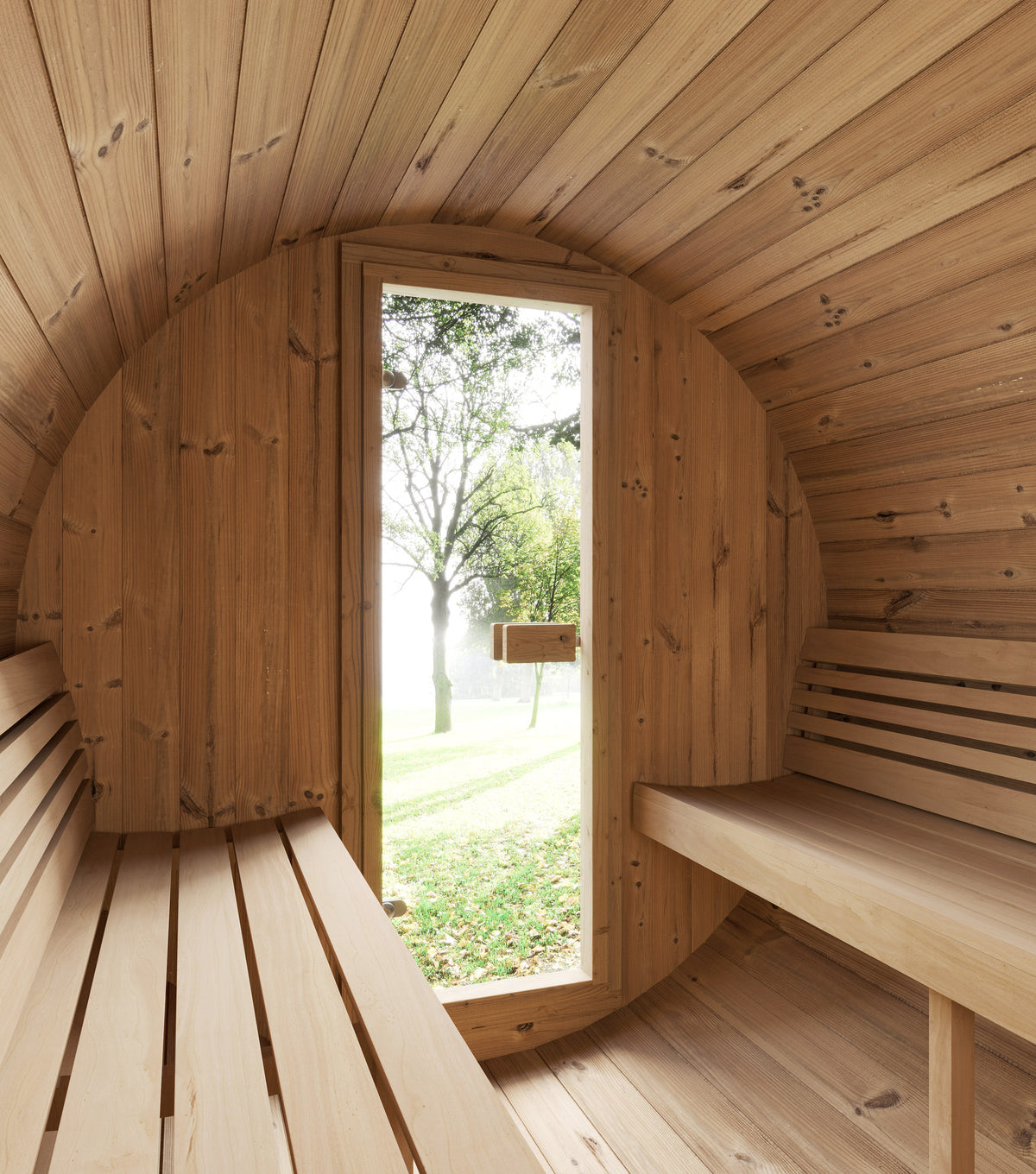 SaunaLife E7 Ergo Series 4-Person Outdoor Barrel Sauna Kit, installed view 5