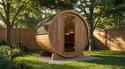 SaunaLife E7 Ergo Series 4-Person Outdoor Barrel Sauna Kit, installed view 6
