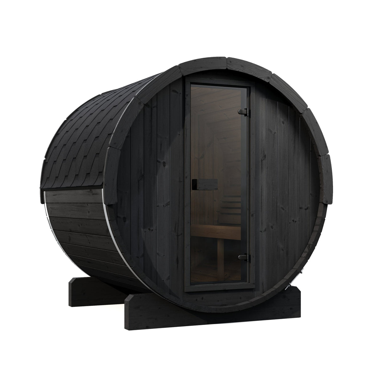 SaunaLife E7 Ergo Series 4-Person Outdoor Barrel Sauna Kit, black finish, three quarter view