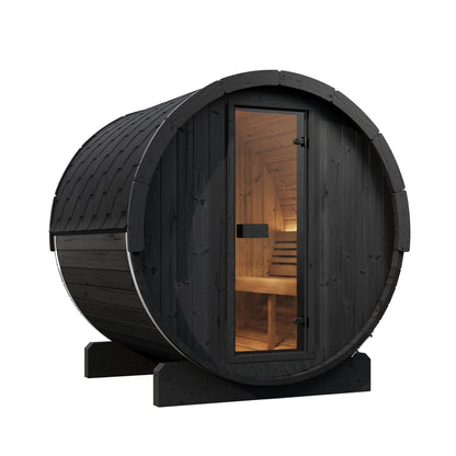 SaunaLife E7 Ergo Series 4-Person Outdoor Barrel Sauna Kit, black finish, with the interior lit