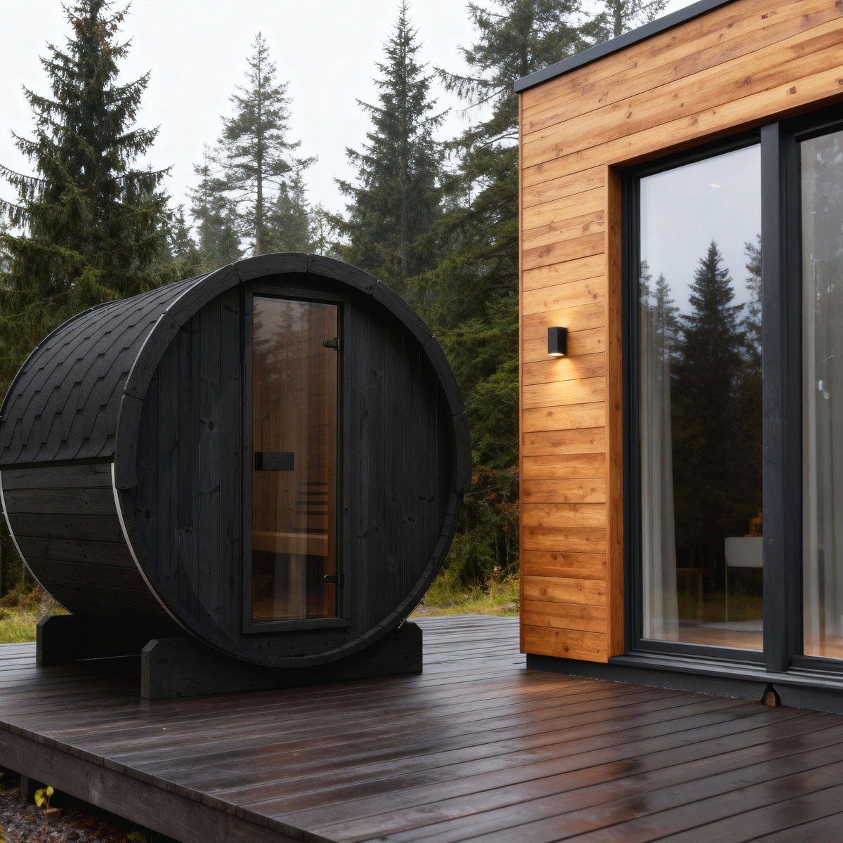 SaunaLife E7 Ergo Series 4-Person Outdoor Barrel Sauna Kit, black finish, beside a wood clad house in the forest