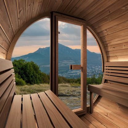 SaunaLife E7G Ergo Series 4-Person Outdoor Barrel Sauna Kit, Glass Front, installed view 6