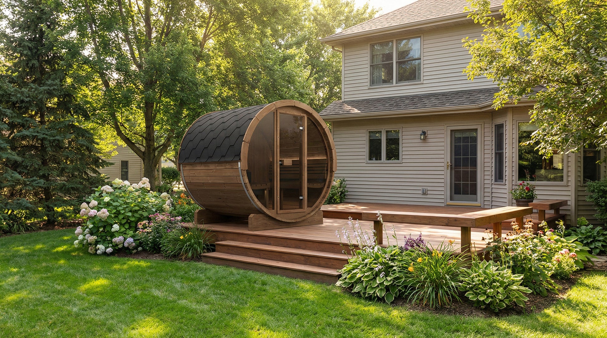 SaunaLife E7G Ergo Series 4-Person Outdoor Barrel Sauna Kit, Glass Front, installed view 7