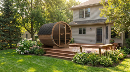 SaunaLife E7G Ergo Series 4-Person Outdoor Barrel Sauna Kit, Glass Front, installed view 7