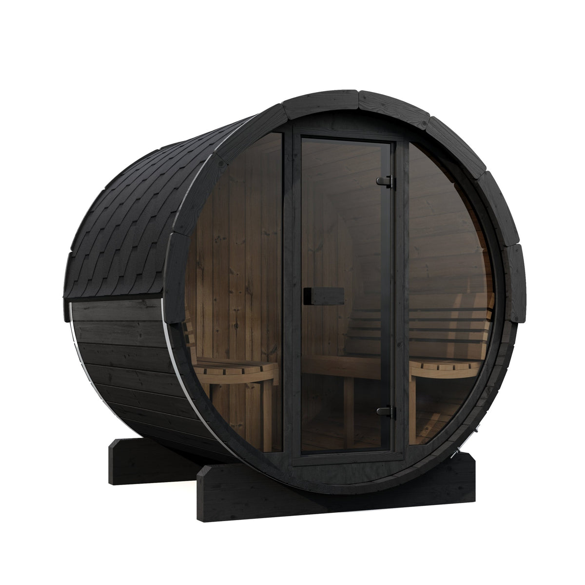 SaunaLife E7G Ergo Series 4-Person Outdoor Barrel Sauna Kit, Glass Front, black finish, three quarter view