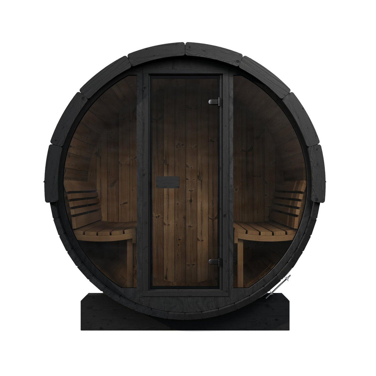 SaunaLife E7G Ergo Series 4-Person Outdoor Barrel Sauna Kit, Glass Front, black finish, front elevation