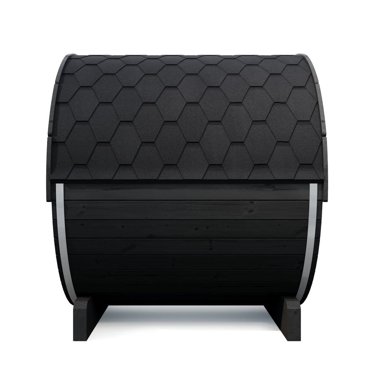 SaunaLife E7G Ergo Series 4-Person Outdoor Barrel Sauna Kit, Glass Front, black finish, rear three quarter, showing the shingled roof