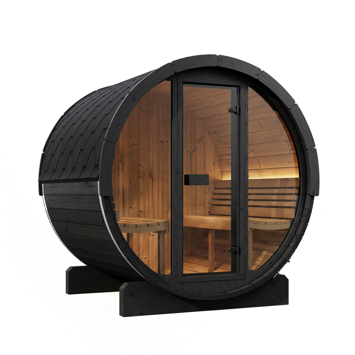 SaunaLife E7G Ergo Series 4-Person Outdoor Barrel Sauna Kit, Glass Front, black finish, with the interior lit