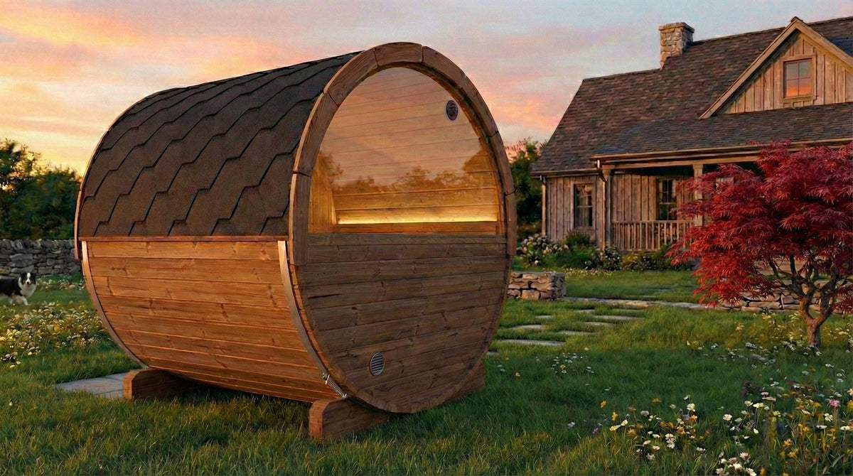 SaunaLife E7W Ergo Series 4-Person Outdoor Barrel Sauna Kit, Rear Window, installed view 6