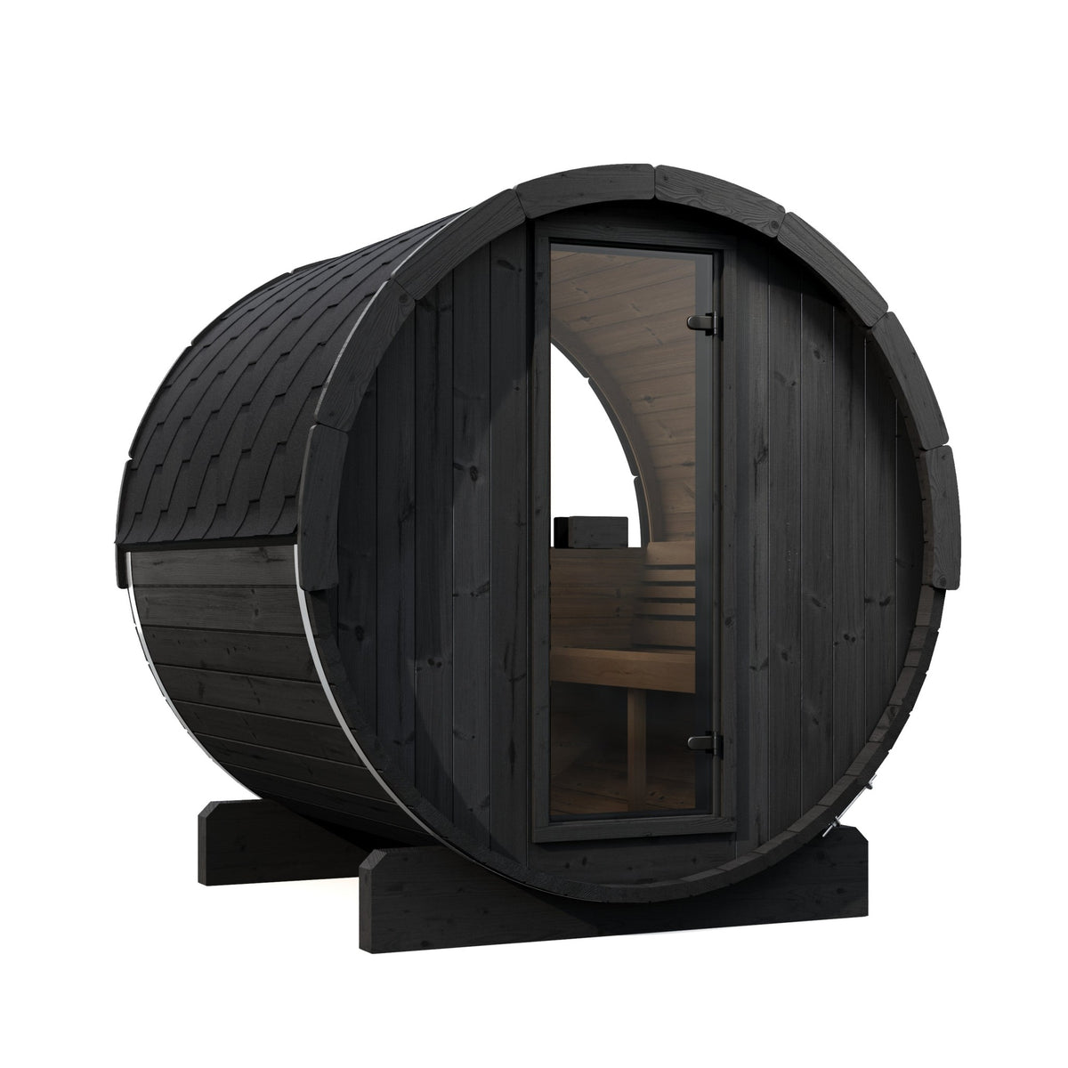 SaunaLife E7W Ergo Series 4-Person Outdoor Barrel Sauna Kit, Rear Window, black finish, three quarter view
