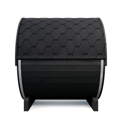 SaunaLife E7W Ergo Series 4-Person Outdoor Barrel Sauna Kit, Rear Window, black finish, rear three quarter, showing the shingled roof