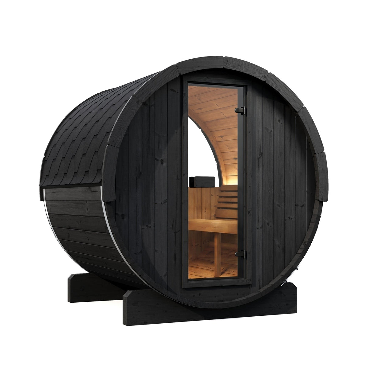 SaunaLife E7W Ergo Series 4-Person Outdoor Barrel Sauna Kit, Rear Window, black finish, with the interior lit