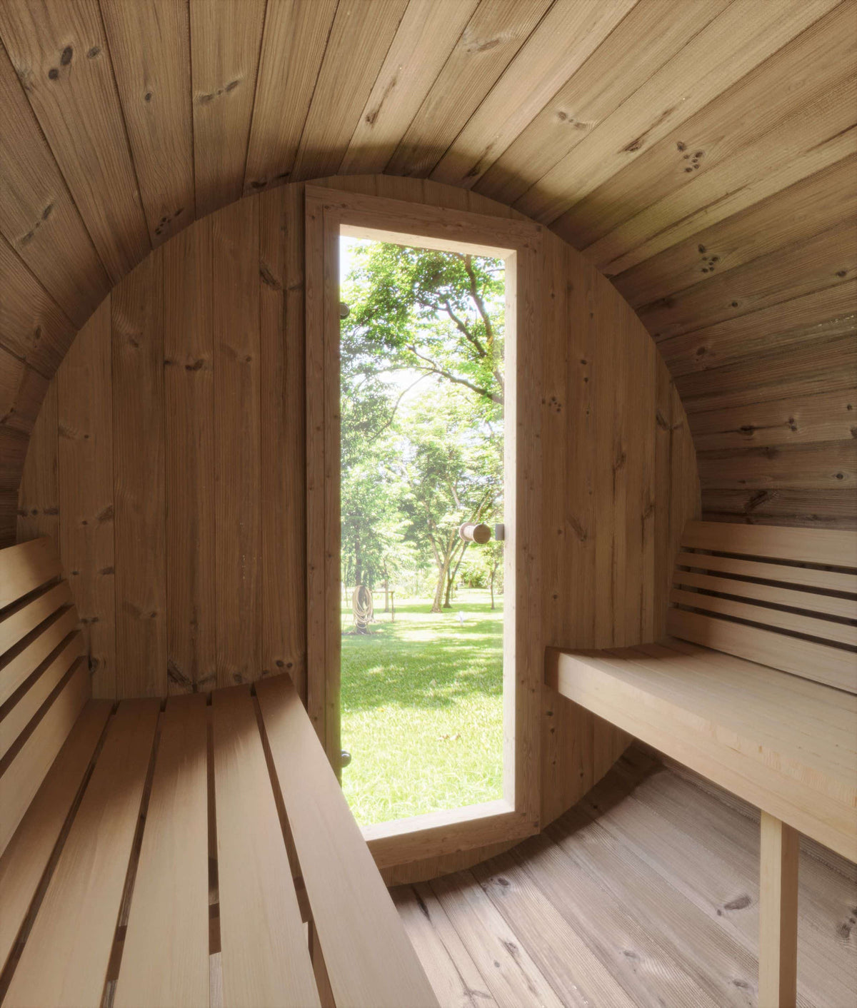 SaunaLife E8 Ergo Series 6-Person Outdoor Barrel Sauna Kit, installed view 8