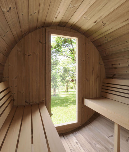 SaunaLife E8 Ergo Series 6-Person Outdoor Barrel Sauna Kit, installed view 8