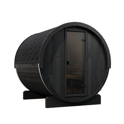 SaunaLife E8 Ergo Series 6-Person Outdoor Barrel Sauna Kit, black finish, three quarter view