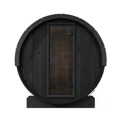 SaunaLife E8 Ergo Series 6-Person Outdoor Barrel Sauna Kit, black finish, front elevation