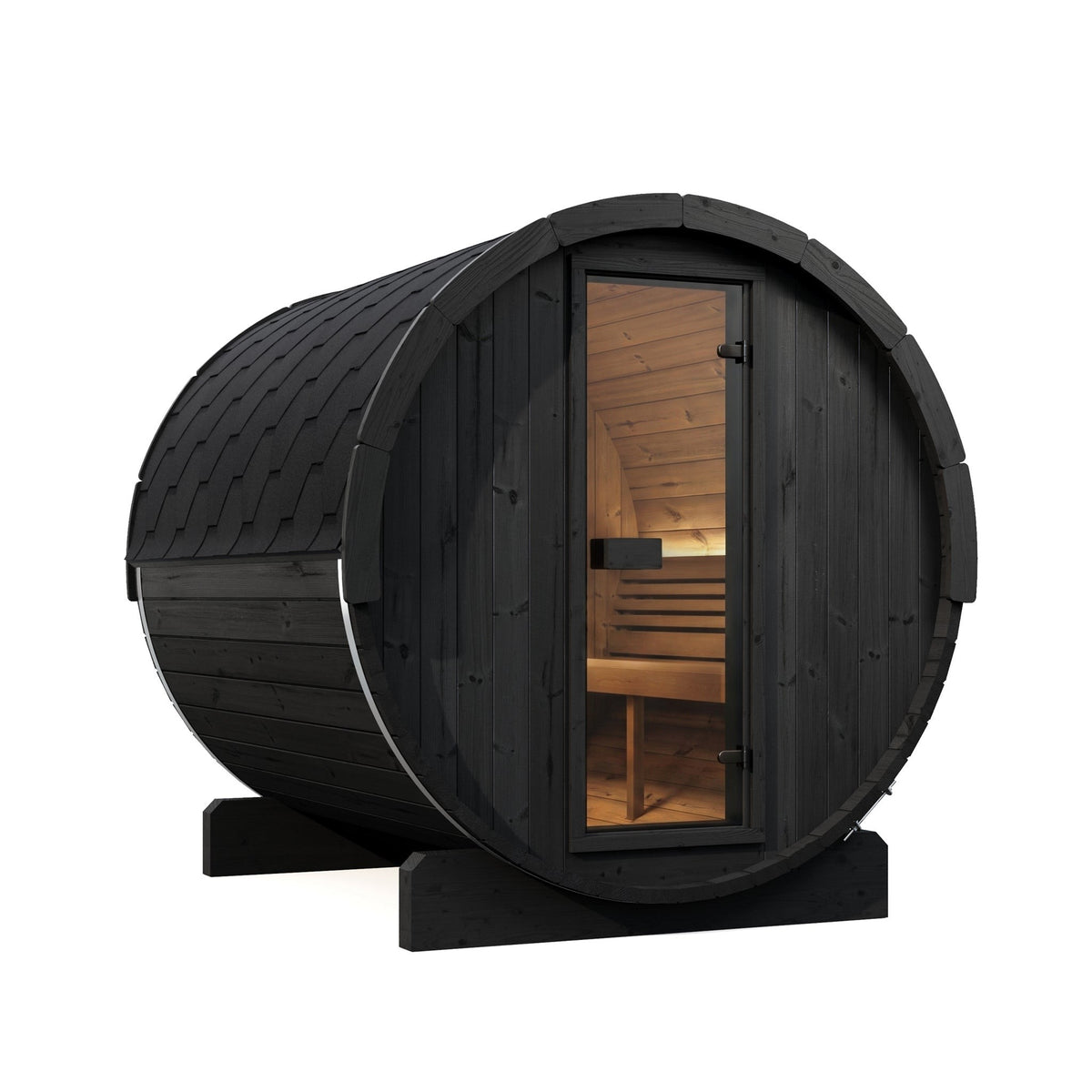 SaunaLife E8 Ergo Series 6-Person Outdoor Barrel Sauna Kit, black finish, with the interior lit