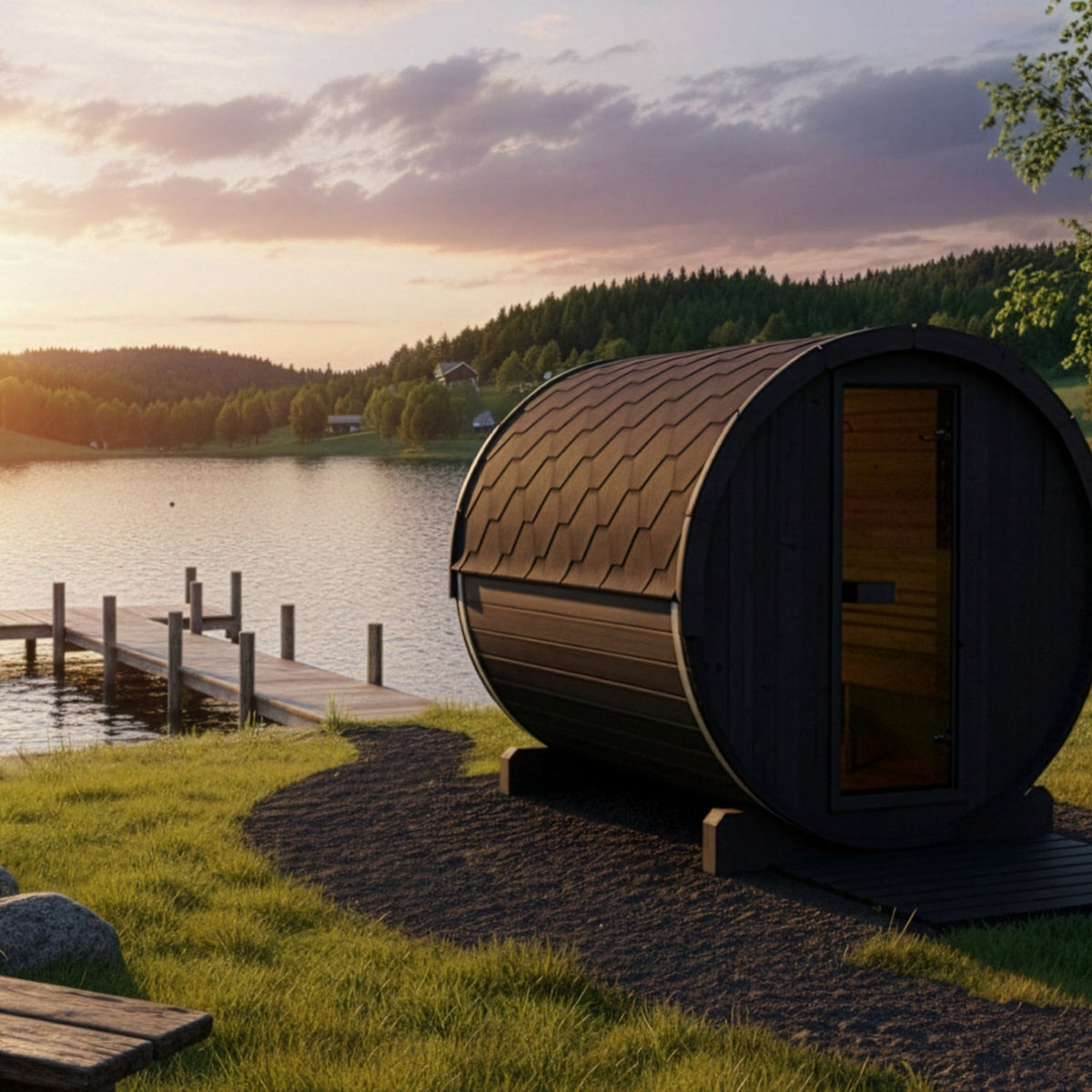 SaunaLife E8 Ergo Series 6-Person Outdoor Barrel Sauna Kit, black finish, lakeside at sunrise