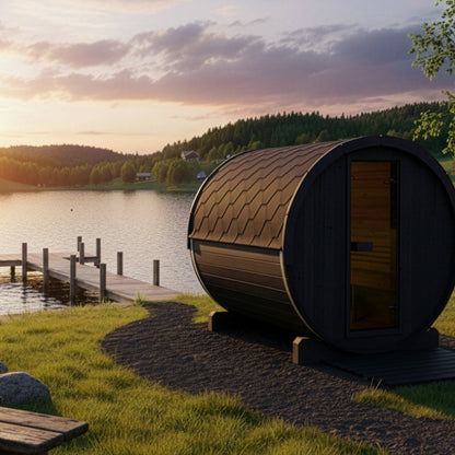 SaunaLife E8 Ergo Series 6-Person Outdoor Barrel Sauna Kit, black finish, lakeside at sunrise