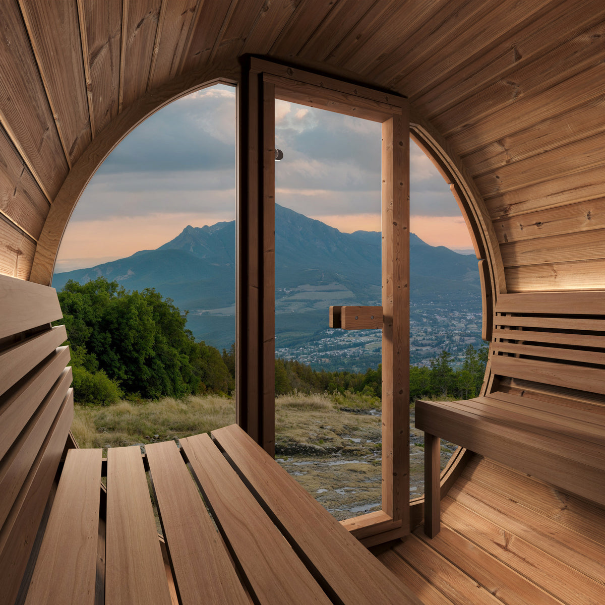 SaunaLife E8G Ergo Series 6-Person Outdoor Barrel Sauna Kit, Glass Front, installed view 6