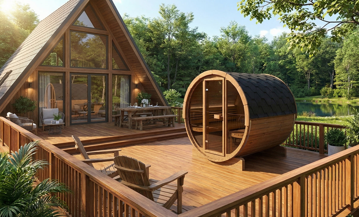 SaunaLife E8G Ergo Series 6-Person Outdoor Barrel Sauna Kit, Glass Front, installed view 7