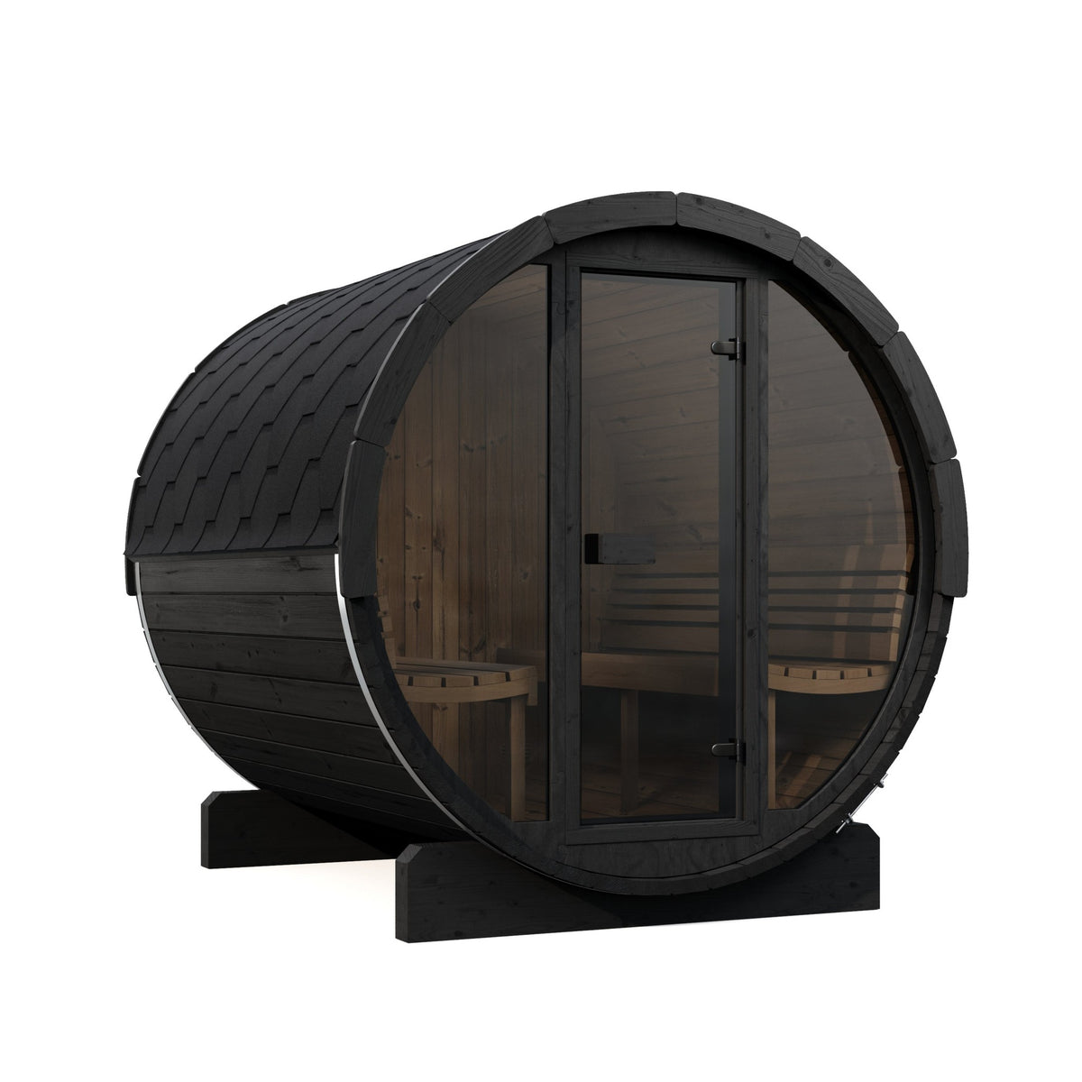 SaunaLife E8G Ergo Series 6-Person Outdoor Barrel Sauna Kit, Glass Front, black finish, three quarter view