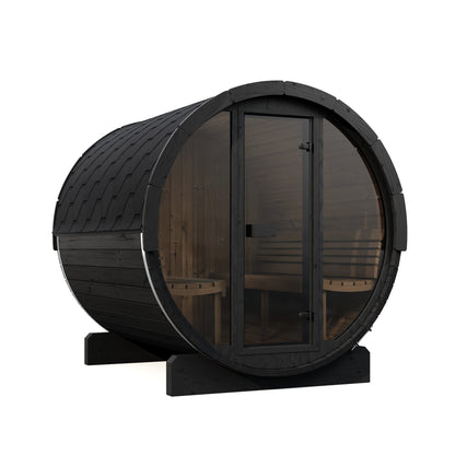 SaunaLife E8G Ergo Series 6-Person Outdoor Barrel Sauna Kit, Glass Front, black finish, three quarter view