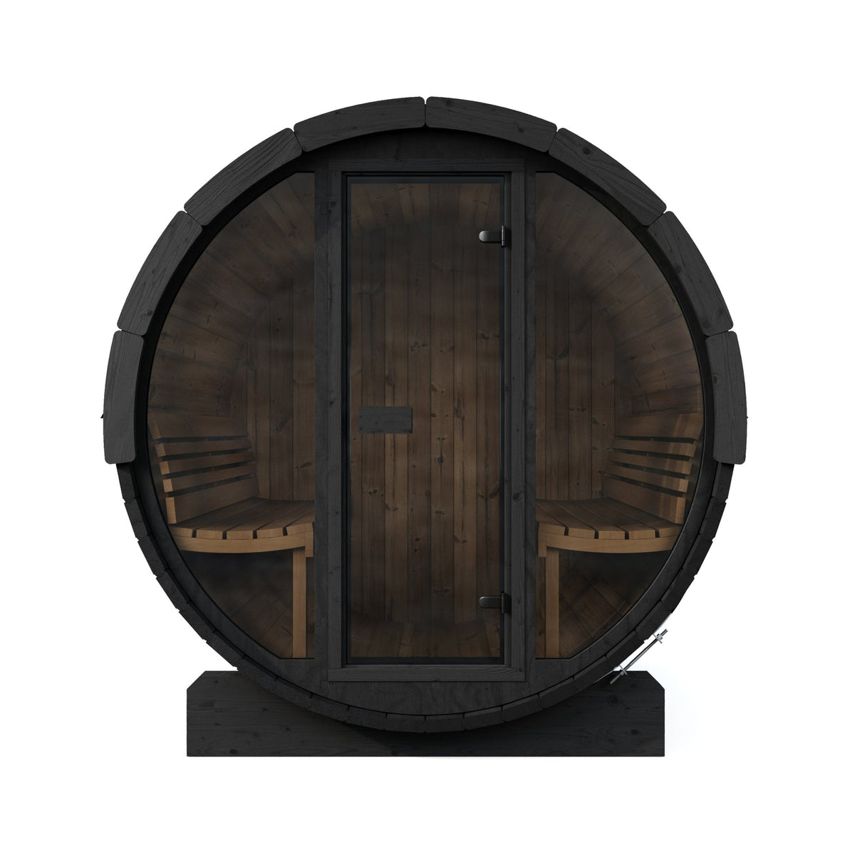 SaunaLife E8G Ergo Series 6-Person Outdoor Barrel Sauna Kit, Glass Front, black finish, front elevation