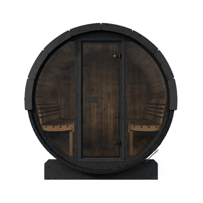 SaunaLife E8G Ergo Series 6-Person Outdoor Barrel Sauna Kit, Glass Front, black finish, front elevation