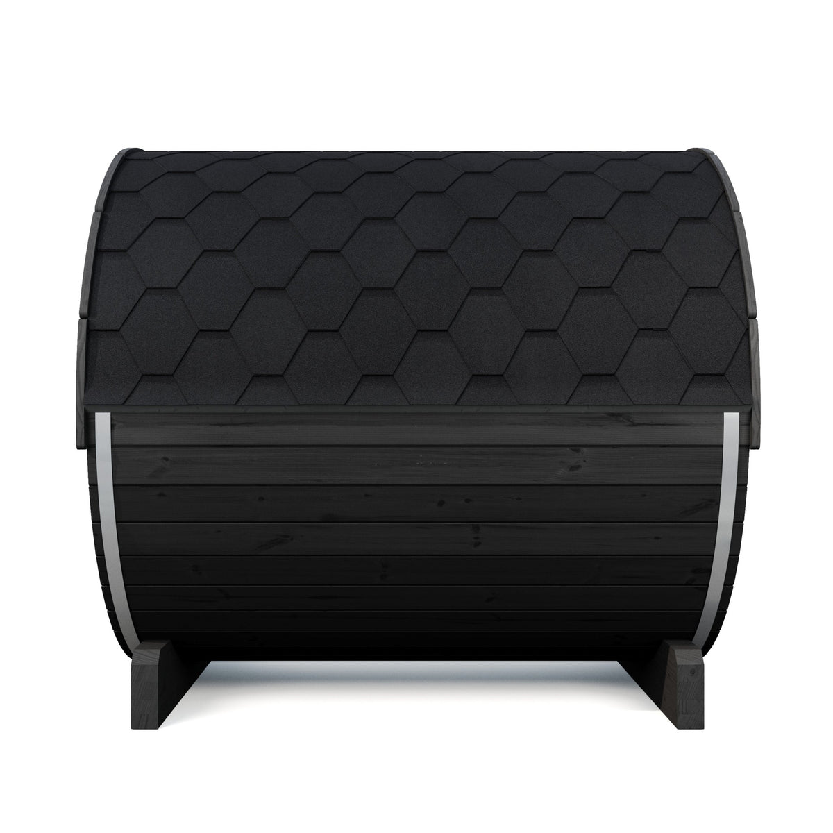 SaunaLife E8G Ergo Series 6-Person Outdoor Barrel Sauna Kit, Glass Front, black finish, rear three quarter, showing the shingled roof