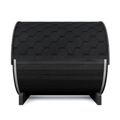 SaunaLife E8G Ergo Series 6-Person Outdoor Barrel Sauna Kit, Glass Front, black finish, rear three quarter, showing the shingled roof