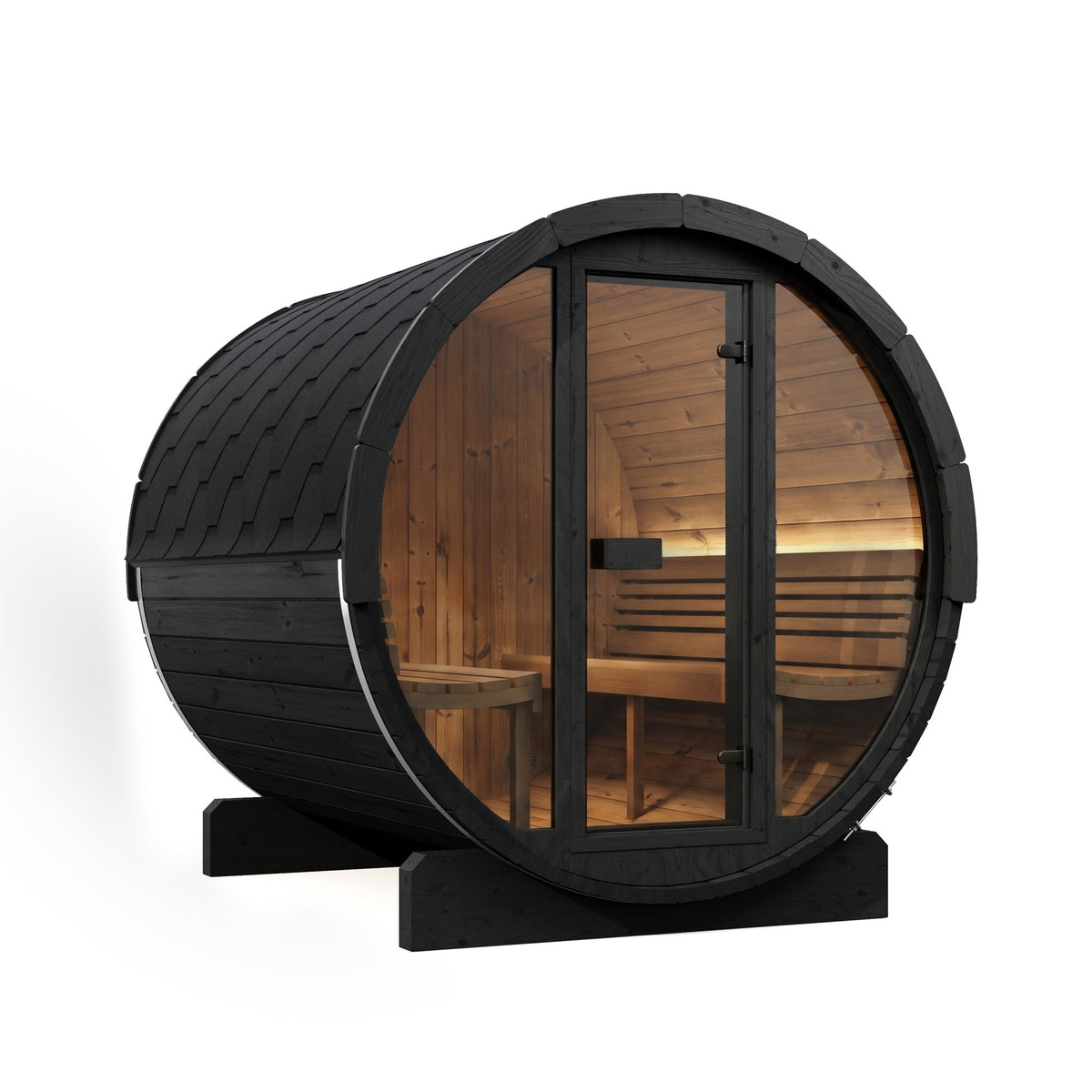SaunaLife E8G Ergo Series 6-Person Outdoor Barrel Sauna Kit, Glass Front, black finish, with the interior lit