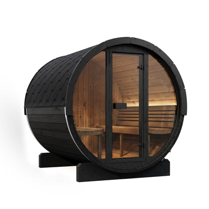 SaunaLife E8G Ergo Series 6-Person Outdoor Barrel Sauna Kit, Glass Front, black finish, with the interior lit