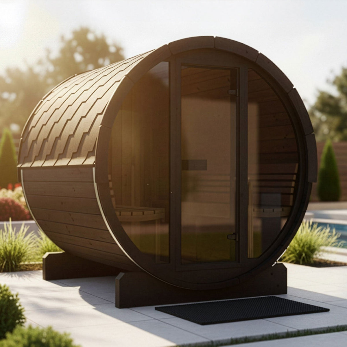 SaunaLife E8G Ergo Series 6-Person Outdoor Barrel Sauna Kit, Glass Front, black finish, poolside in the sun