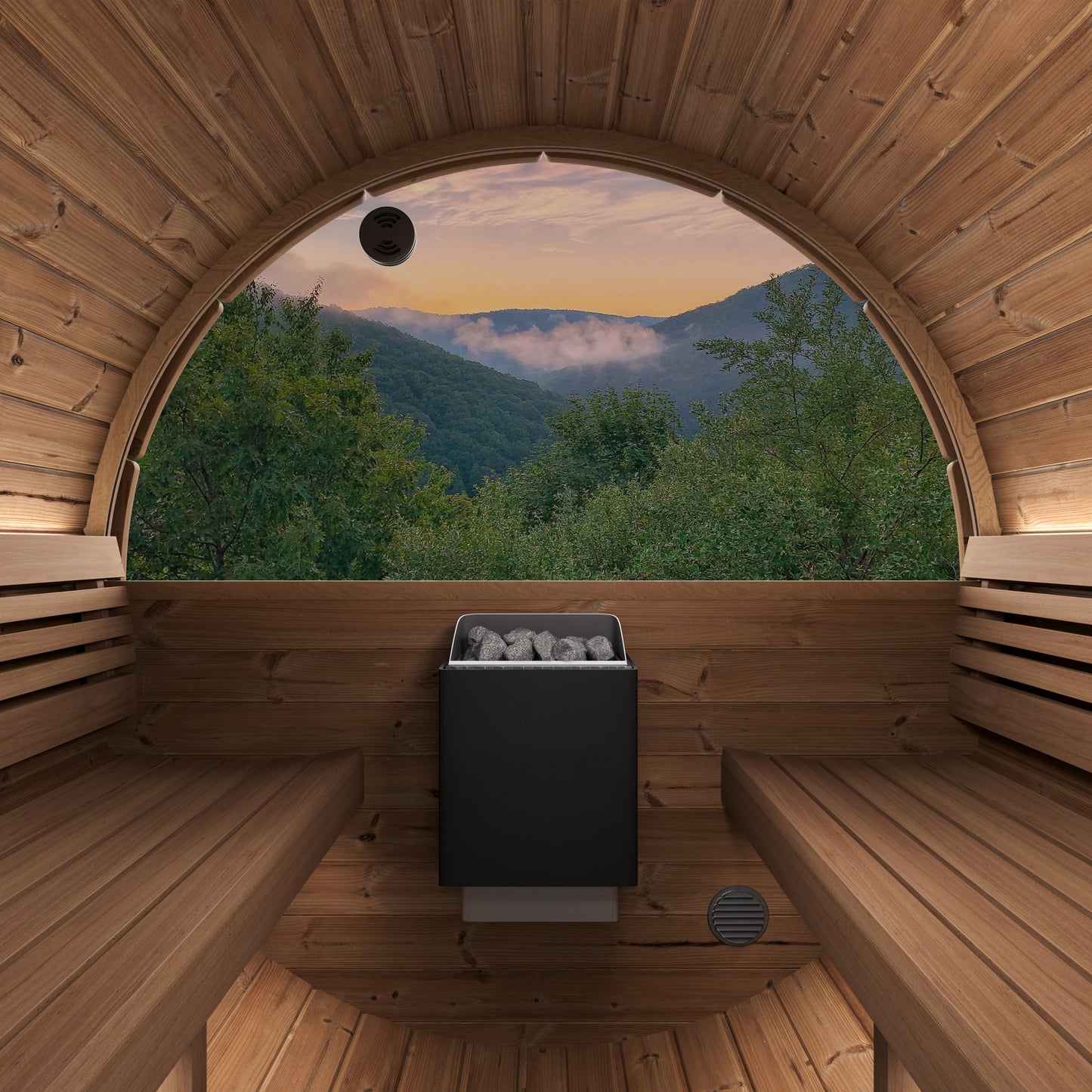 SaunaLife E8W Ergo Series 6-Person Outdoor Barrel Sauna Kit, Rear Window, installed view 4