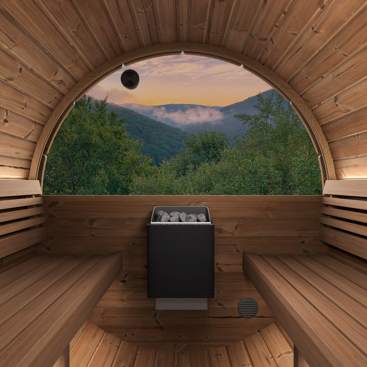 SaunaLife E8W Ergo Series 6-Person Outdoor Barrel Sauna Kit, Rear Window, installed view 4