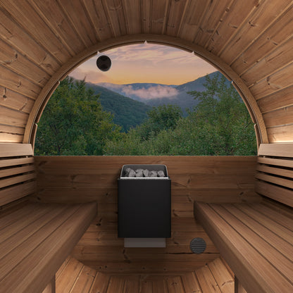 SaunaLife E8W Ergo Series 6-Person Outdoor Barrel Sauna Kit, Rear Window, installed view 4
