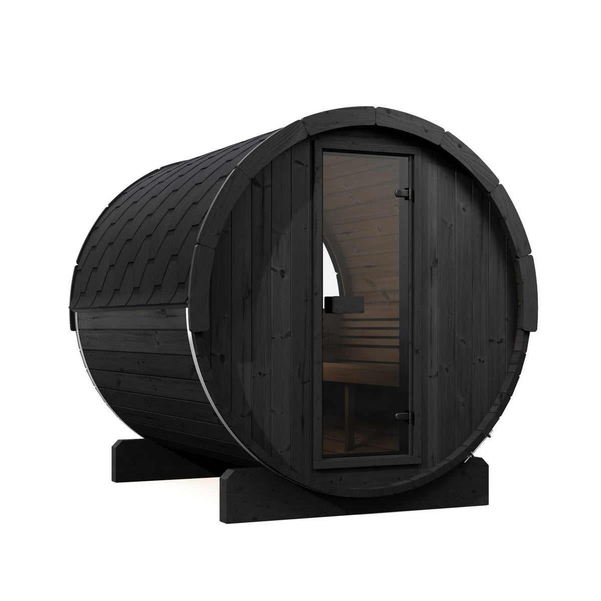 SaunaLife E8W Ergo Series 6-Person Outdoor Barrel Sauna Kit, Rear Window, black finish, three quarter view